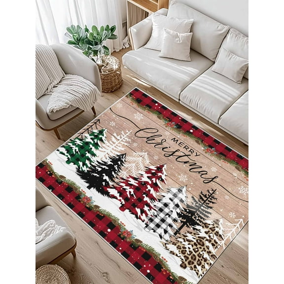 Merry Christmas Area Rug for Bedroom 3x5 Ft Xmas Tree Snowflake Red Buffalo Plaid Wood Grain Super Soft fuzzy Throw Rug Non-Slip Fluffy Plush Indoor Floor Carpet for Living Room Nursery Home Decor