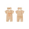 thumbnail image 2 of BemeyourBBs Newborn Baby Girl Summer Clothes Infant Baby Girl Little Sister Outfits Ribbed Romper 0 3 6 Months Cutest Little Sister Letter Print Short Sleeve Jumpsuit with Headband Set, 2 of 9