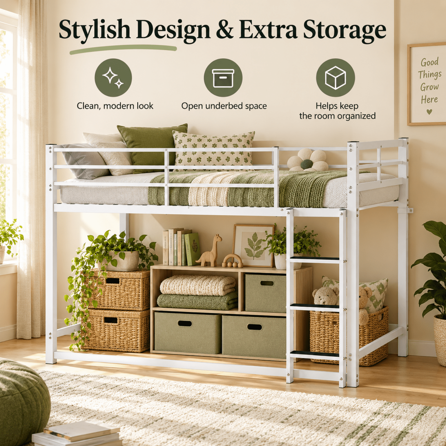 Miniyam Twin Over Twin Metal Bunk Bed with Full-Length Guardrails and Built-In Ladder, White