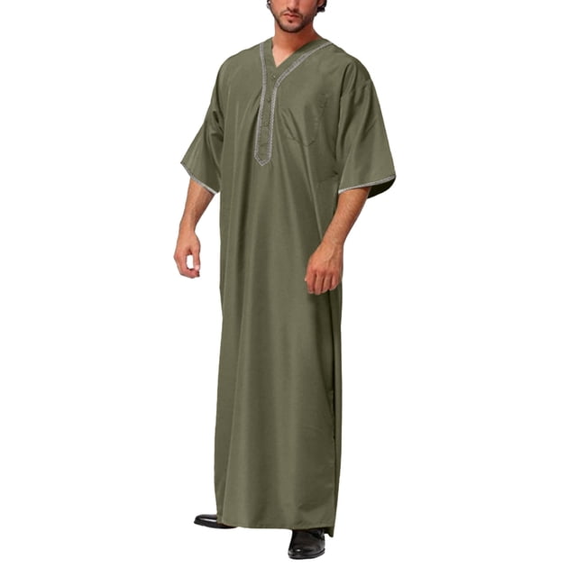 Mens Dress Rugged Traditional Long Sleeve Robe with Embroidered Pocket and Coat Shirt for Men Prayer Wear Arabic Middle Shirt Robe Apparel