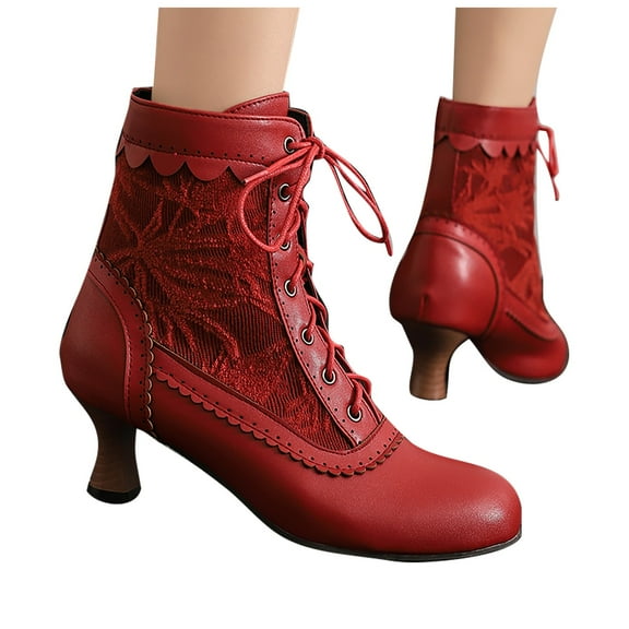 Mepaouo Women's Ankle Victorian Boots Round Toe Lace up Mid Calf Boots Witch Knight Shoes(Red,8)