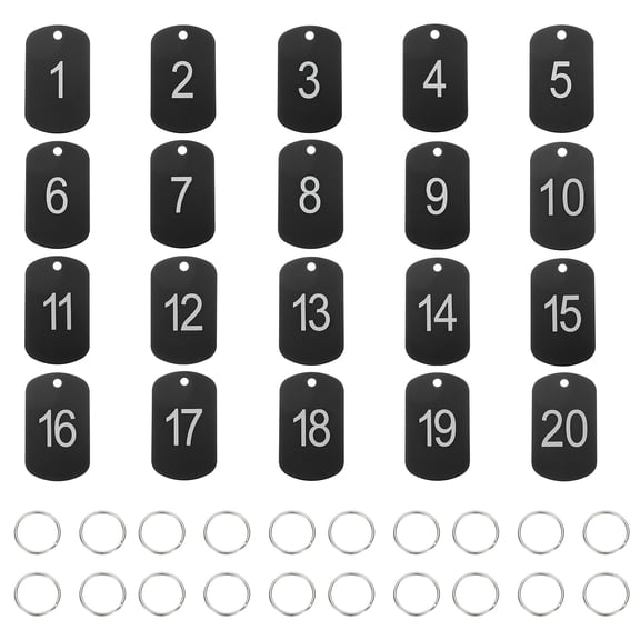 Uxcell 20PCS Number Tags 1-20, Number Key Tags Aluminum Numbered Keychain Metal Rectangle with Key Rings for Organizer Field Sales Hangers Clothes Labels ID, Black