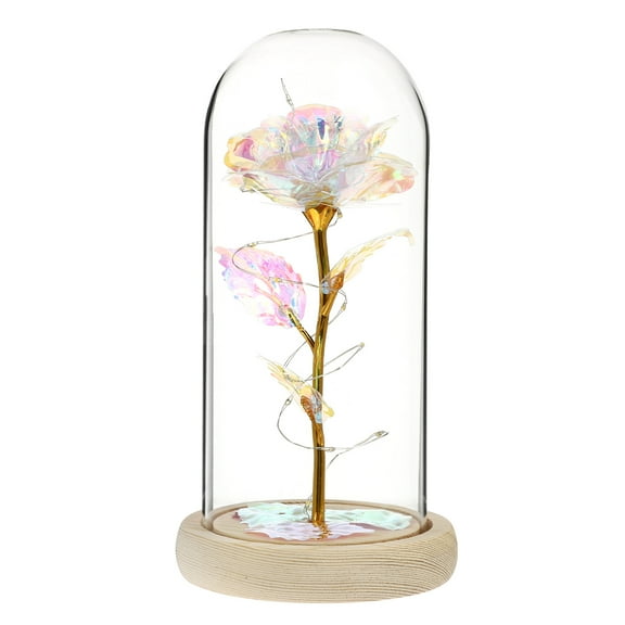 Niceauty Enchanted Rose in Glass Dome with LED Light String for Home Decoration Transparent Synthetic Material 11.8 Inch