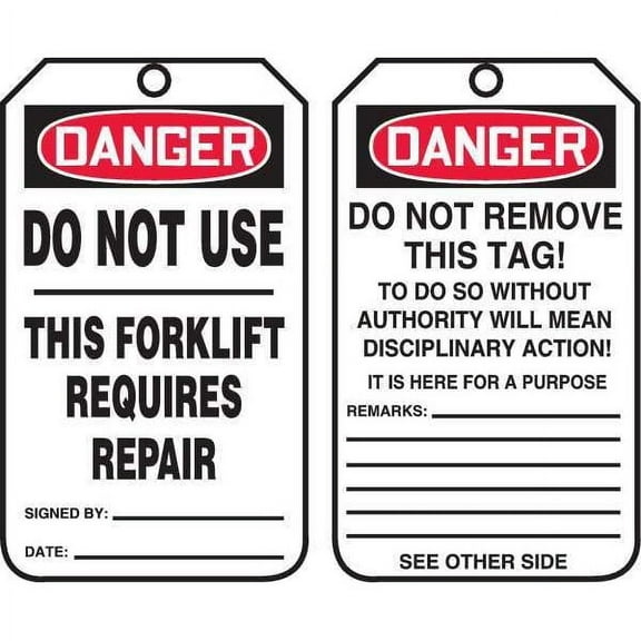 Tag, Forklift, Cardstock, 5 3/4 in H x 3 1/4 in W, Rectangle, 25 PK