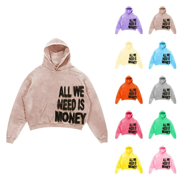 Cropped Hoodies for Men 2025 All We Need Is Money Anime Y3K Harajuku Hooded Sweatshirt with Pockets Pullover Hoody