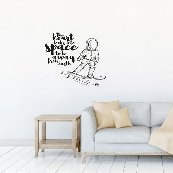The Heart Looks Into Space To Be Away From Earth Quote Astronaut Design Vinyl Wall Art Wall Sticker Wall Decal Home Kids Room Study Room Boys Girls Wall Décoration Design Wall Decor Size (28x30 inch)