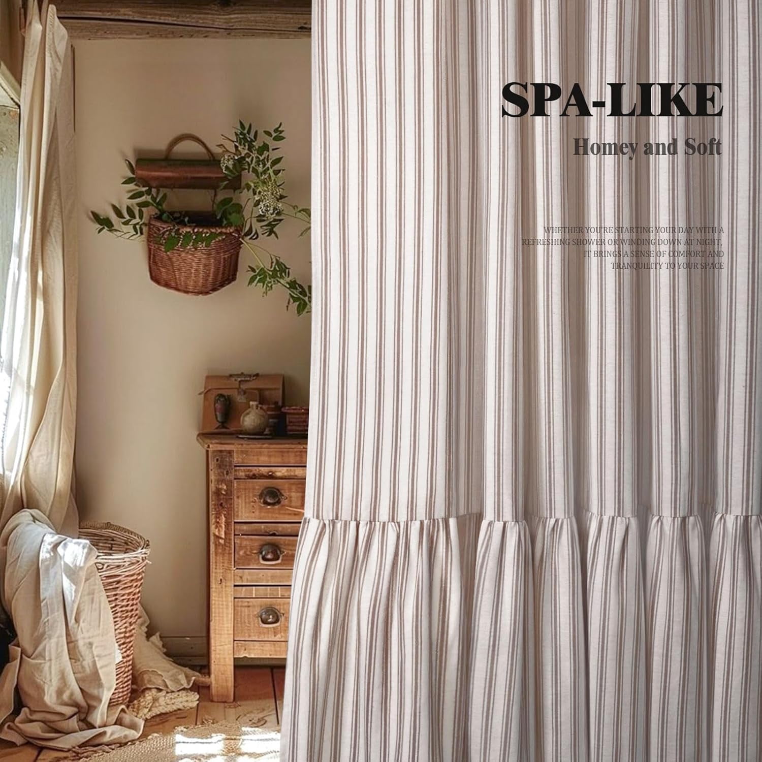 Boho Farmhouse Shower Curtain with Ruffle Hem, Linen Textured White Shower Curtains for Bathroom Vintage Rustic Fabric, Brown Stripe 72" W x 72" L
