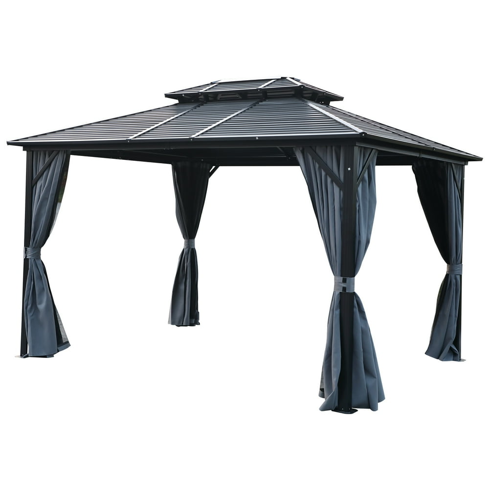 Outsunny 2Tier Roof Steel Hardtop Aluminum Permanent Gazebo with Mesh