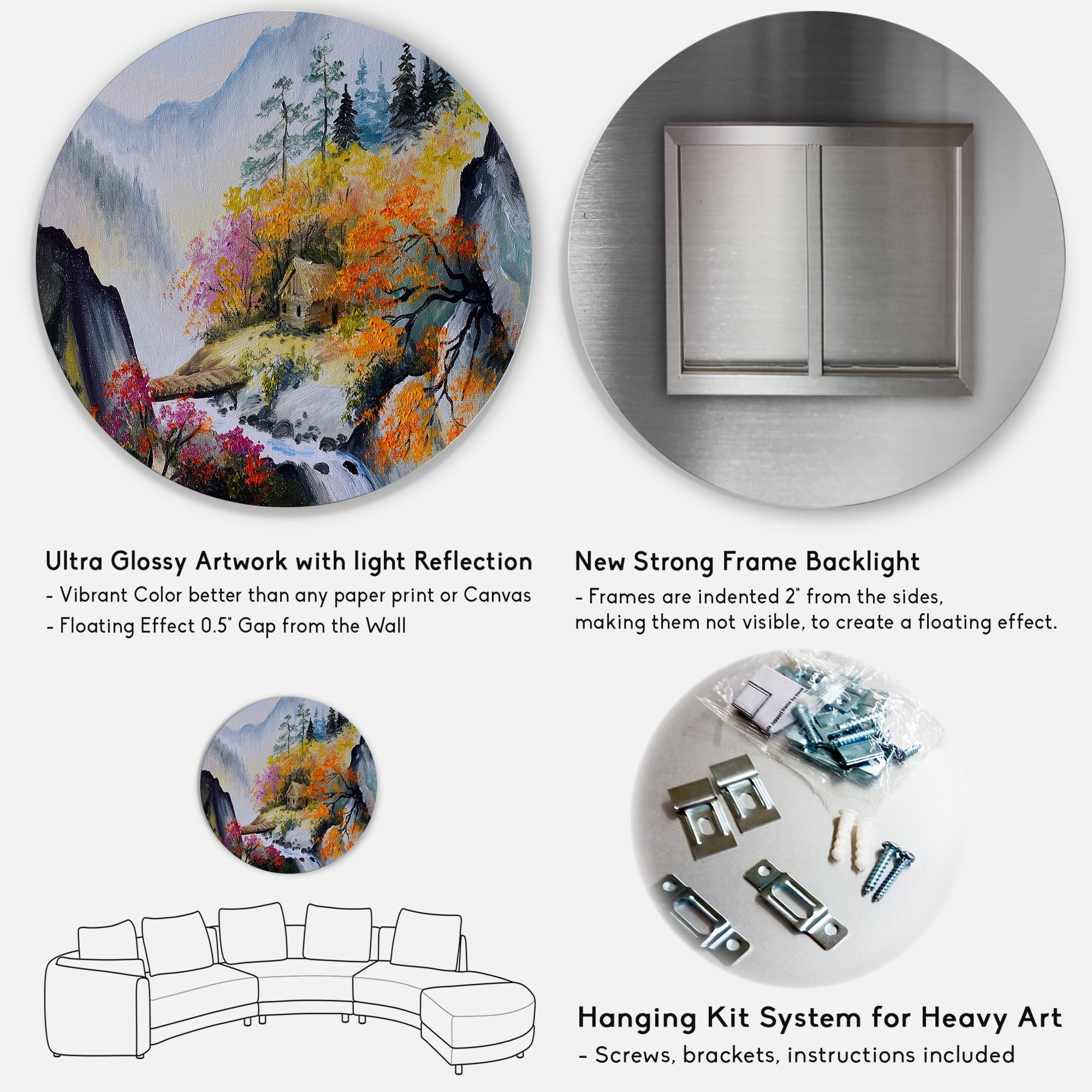 Designart 'VIbrant Mountain Landscape With Little House' Traditional Circle Metal Wall Art 11x11 - Disc of 11