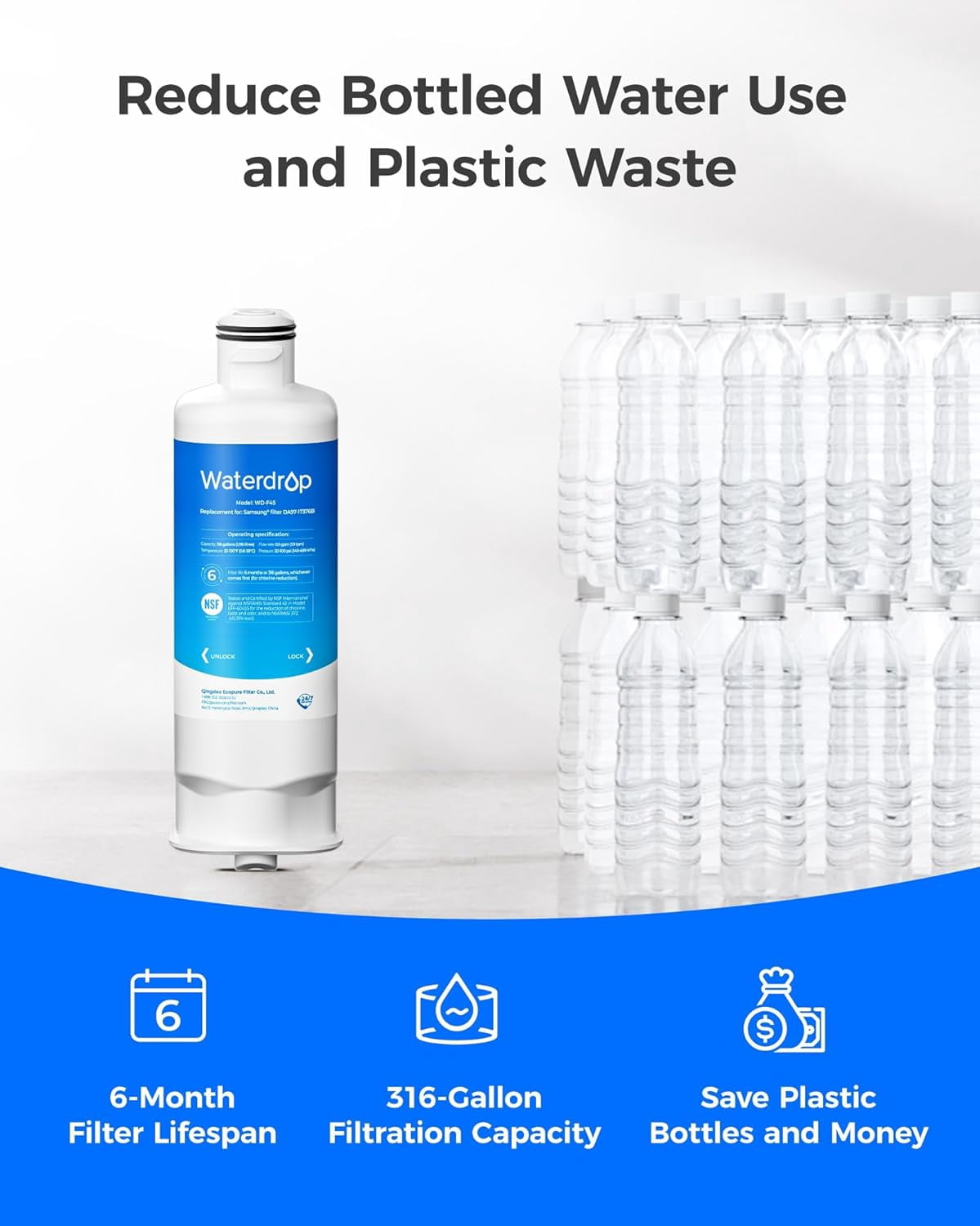 Waterdrop WD-F45 Replacement for Samsung® DA97-17376B, HAF-QIN/EXP, DA97-08006C, RF28R7201SR, RF28R7351SG, WD-F45, Refrigerator Water Filter, 3 Filters