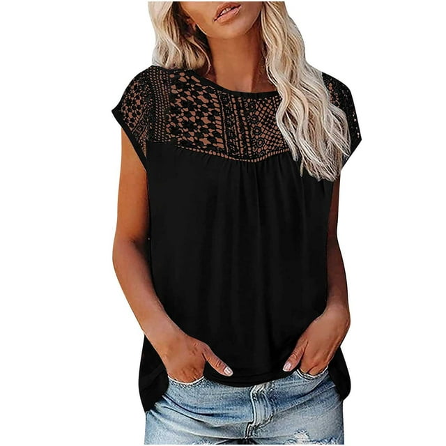 Mikilon Ensemble Élégant pour Femmes 2 Pcs Imprimé Manches Courtes Patchwork en Dentelle Col Rond Chic Confortable Noir L