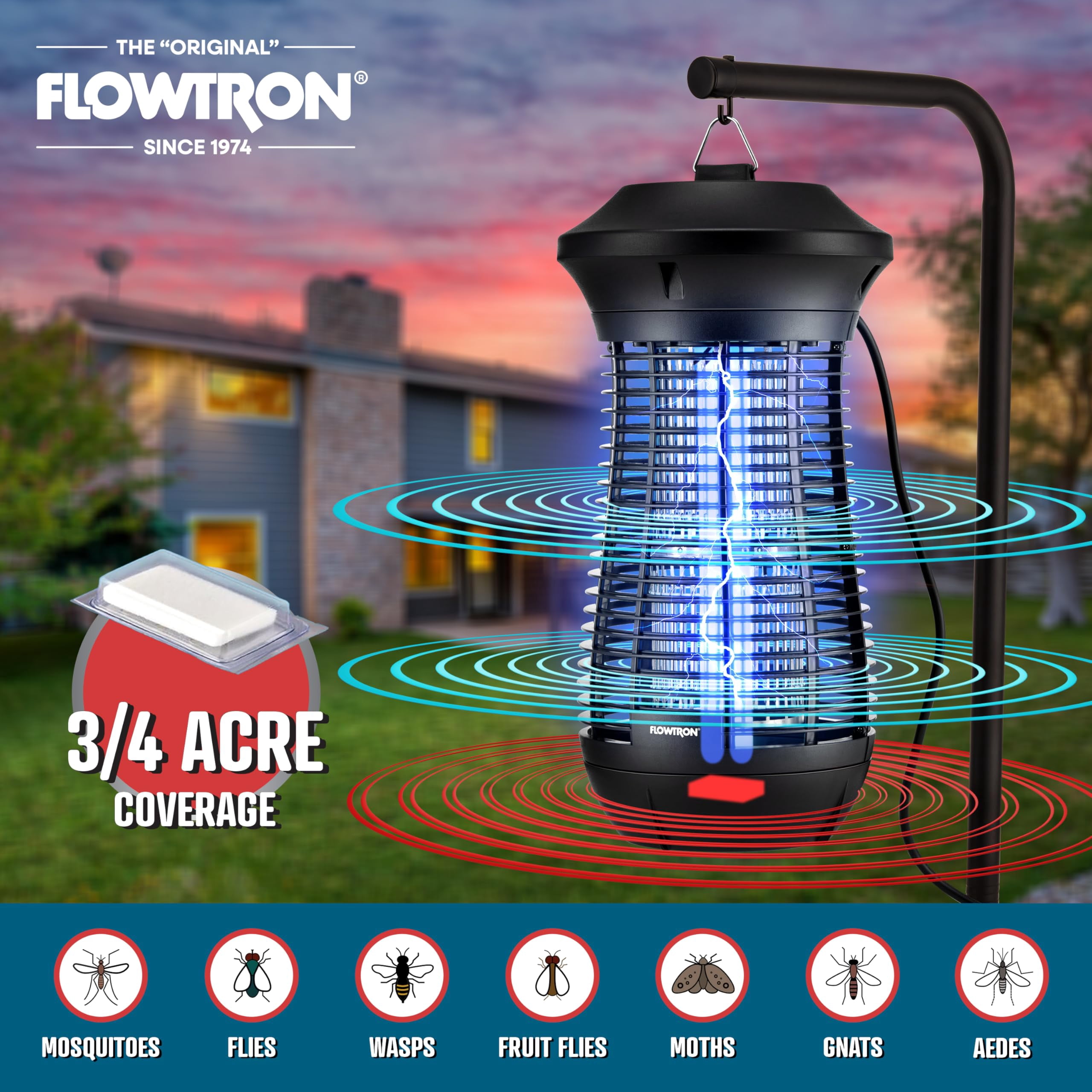 Flowtron Outdoor Bug Zapper, 4000V Electric Insect Killer, 3/4 Acre Coverage, Patio & Yard
