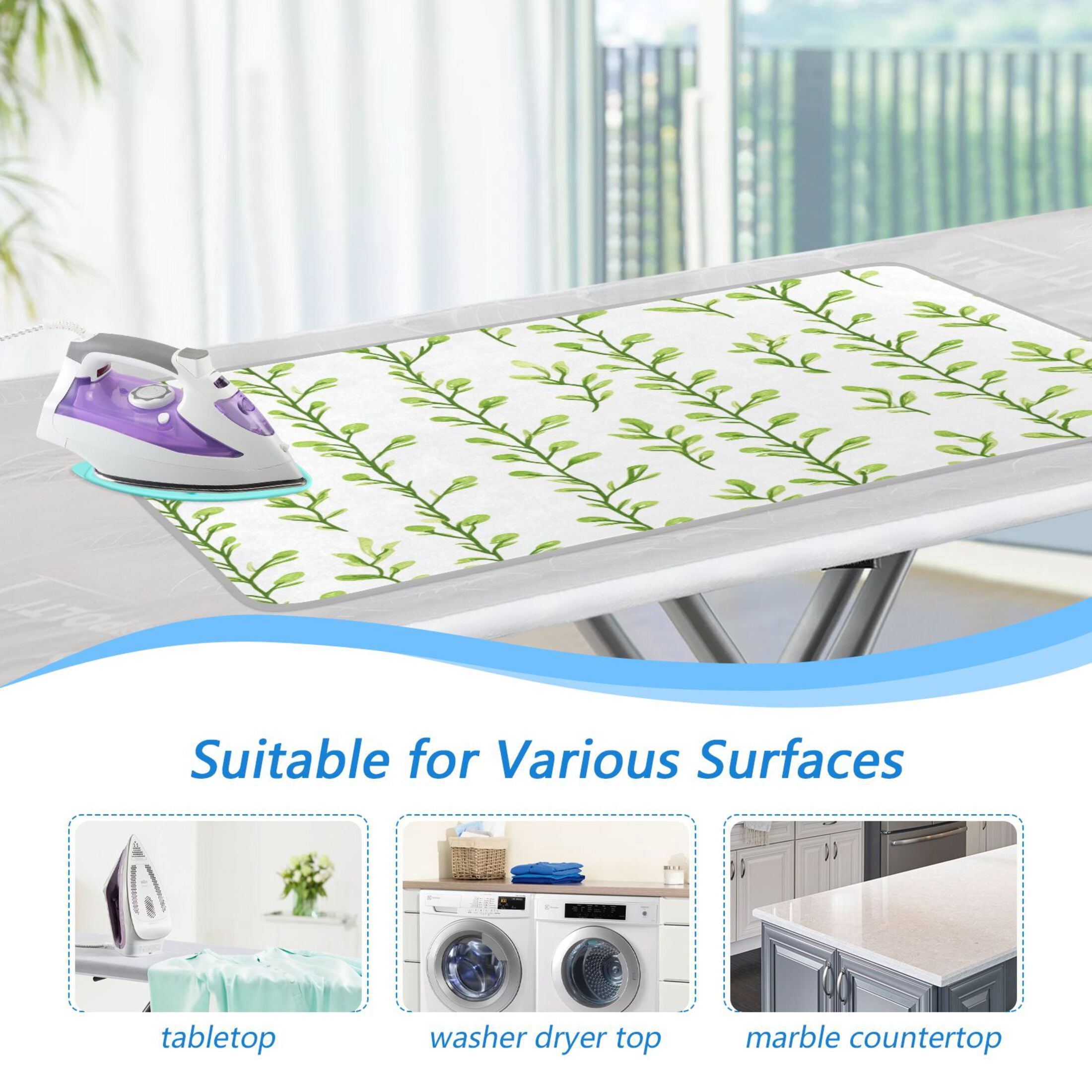 Vertical Green Sprigs Portable Ironing Mat, Heat-Resistant, Dual-Sided, Foldable for Easy Storage