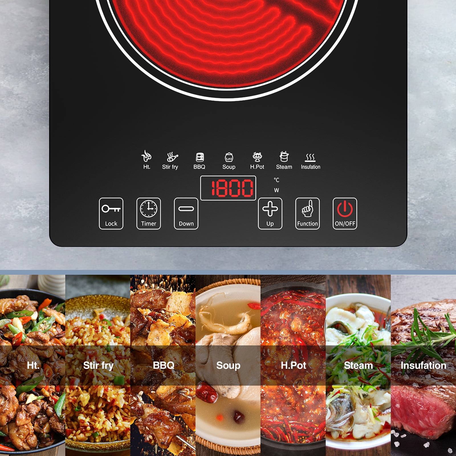 Electric Cooktop, Portable Electric Cooktop 1800W Single Burner Stove with  LED Touch Screen, 8 Power & 8 Temperature Levels, Timer, Microcrystalline