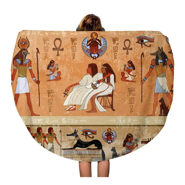 SIDONKU 60 inch Round Beach Towel Blanket Murals Ancient Egypt Scene Mythology Egyptian Gods and