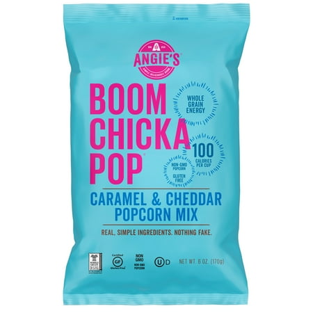 - Angie’s BOOMCHICKAPOP Caramel & Cheddar Popcorn Mix, 6 Ounce Bag, Box of 12