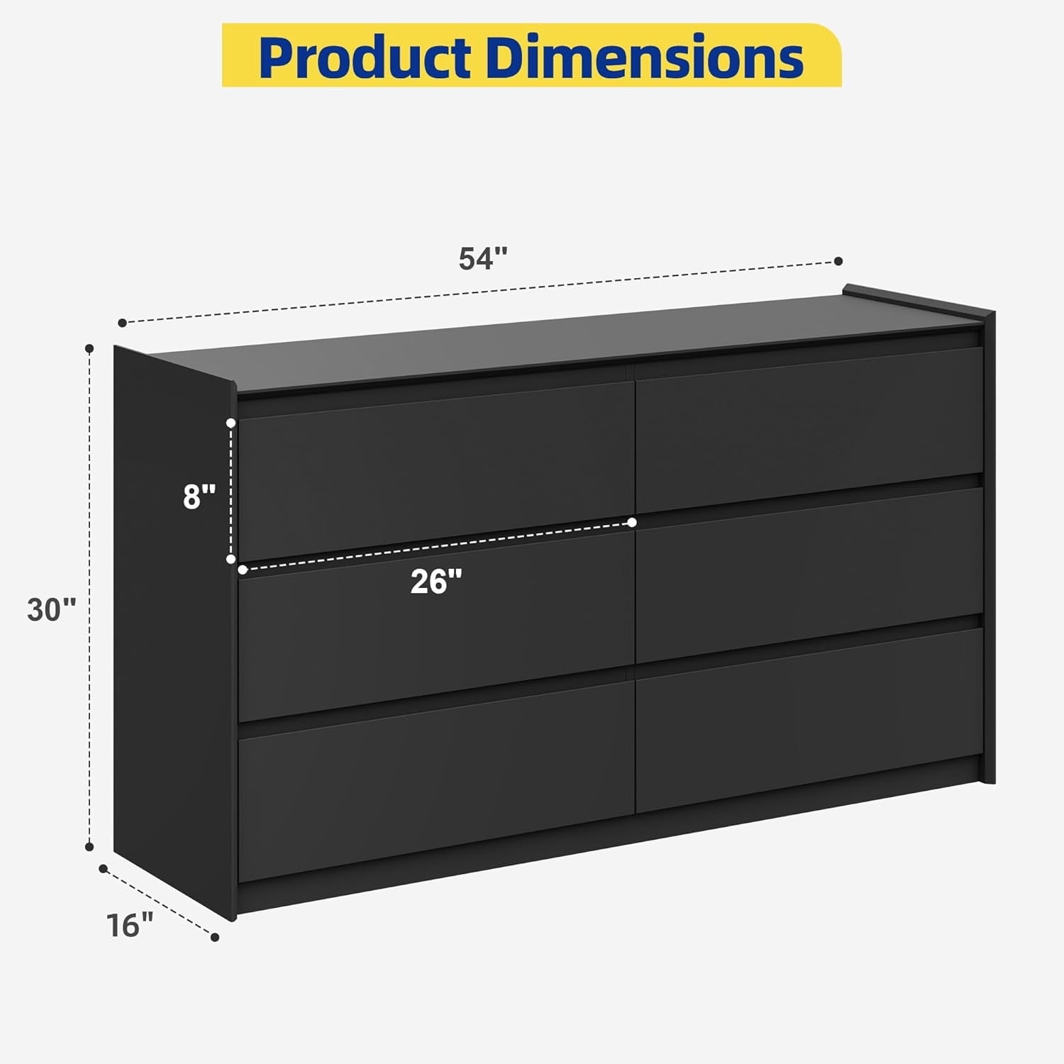 Black Dresser for Bedroom, 54" Wide Chest of Drawers, Simply Modern 6 Drawer Storage Organizer for Closet, Hallway, or Living Room