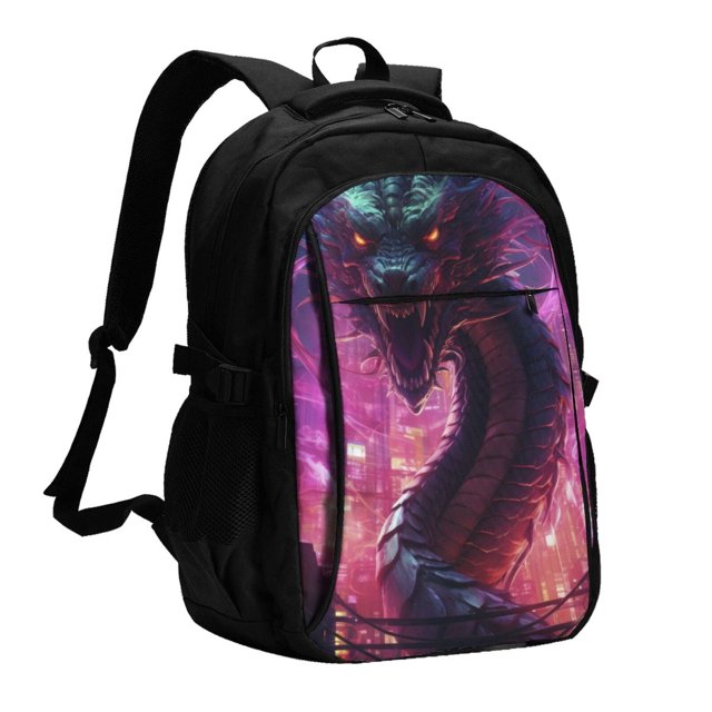 Balery Neon Futuristic Dragon Mochila con carga USB para hombre y mujer - Mochila impermeable y antirrobo para portátil con puerto USB para viajes, trabajo, estudios y universidad