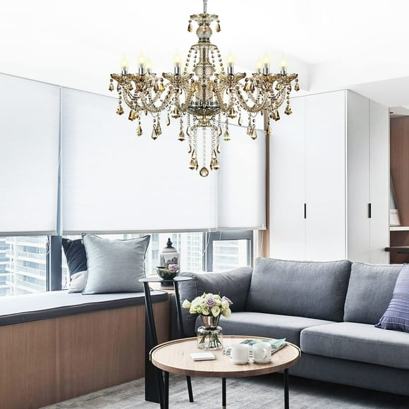 Try-YEAN 10 Lights Crystal Chandelier for Bedroom Modern K9 Cognac Crystal Optical Glass Pendant Lamp E12 35" Hanging Ceiling Lighting Fixture for Living Room, Adjustable Height, Easy to Assemble