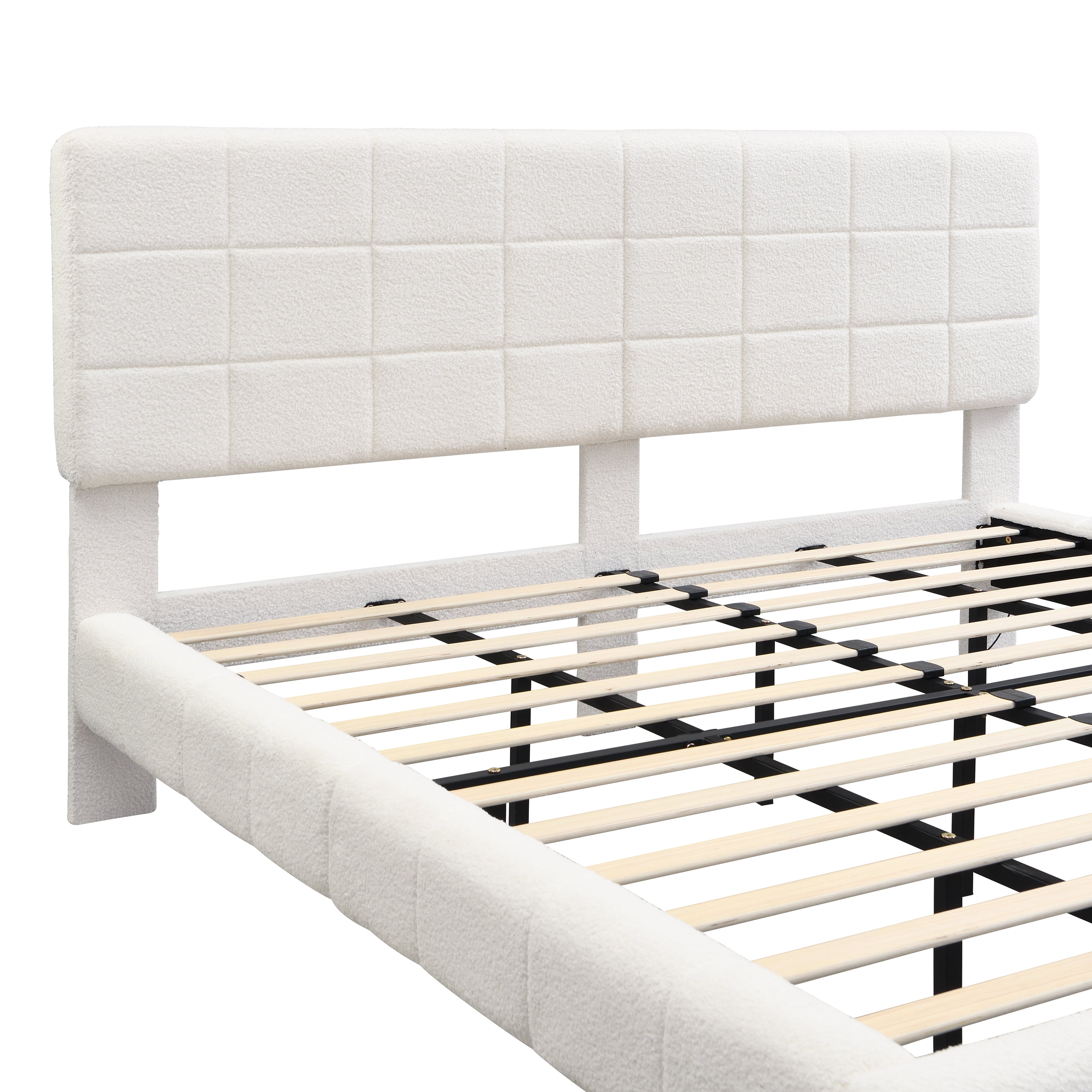 Mintazer King Size Floating Upholstered Platform Bed Frame with Grid Tufted Headboard and LED Lights, Boucle Fabric Bed for Bedroom, No Box Spring Needed, White