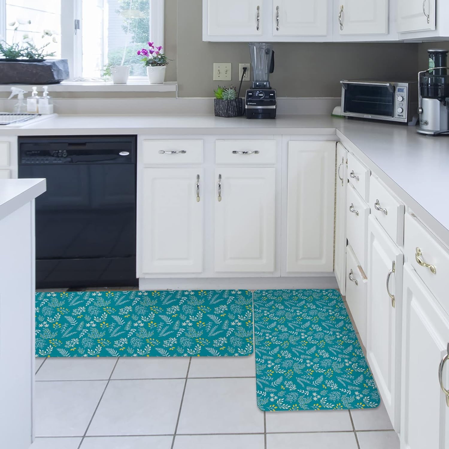 Kitchen Rug Mat Christmas Holly Berry Turquoise, Set of 2, Anti-Fatigue Non-Skid Washable Kitchen Runner Rugs, Soft Comfort Rug for Kitchen, Floor Home, Front of Sink, Laundry