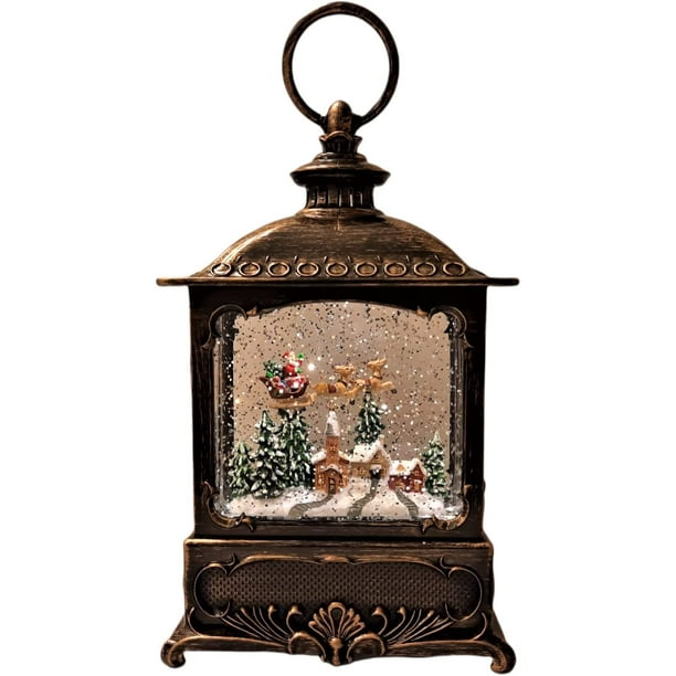 10 Inch Christmas Water Lantern Snow Globe - Santa & Friends With Swirling Glitter & LED Lights