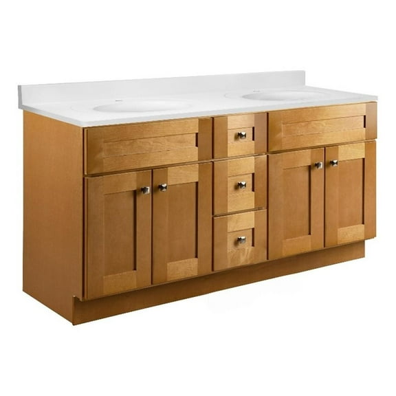 Design House Brookings Fully Assembled 61" x 22" Bath Cabinet with Single Hole Cultured Marble Vanity Top, Vanity in Modern Birch with Solid White Cultured Marble Top, Modern Birch