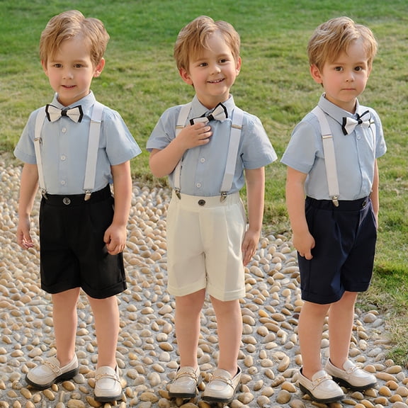 LYMAYTER Boys Gentleman Outfits Baby Formal Sets,Infant Shirt Shorts Bow Tie Suspenders 1Y-11Y