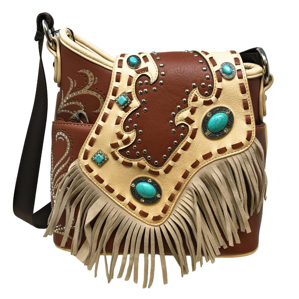 Turquoise And Fringe Western Crossbody Bag Brown
