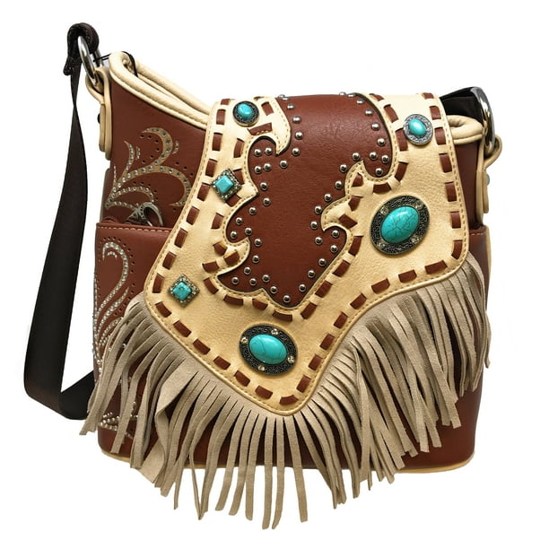 Turquoise And Fringe Western Crossbody Bag Brown