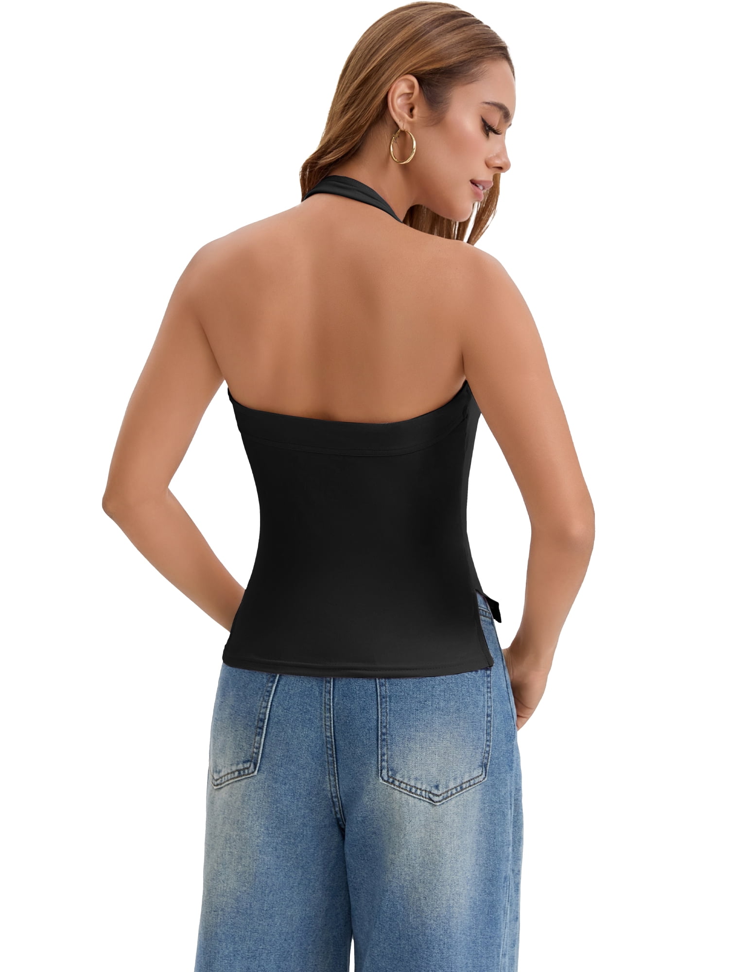 DARING DIVA Women's Halter Tank Top Sleeveless Square Neck Fitted Summer Top L Black