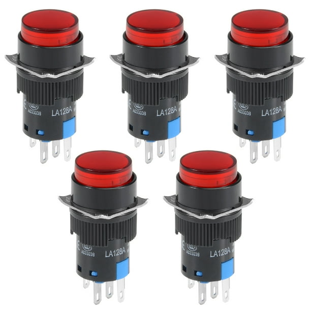 5Pcs 16mm Momentary Push Button Switch Red Light Round Button 1 NO 1 NC