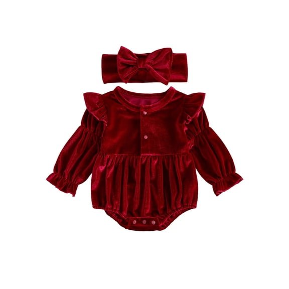 RUINIXCW Baby Girl Christmas Outfit Long Sleeve Velvet Ruffle Romper and Headband