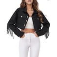 thumbnail image 2 of LAFOURAM Chaqueta vaquera con flecos para mujer, vaquera occidental, borla de diamantes de imitación, abrigo para motocicleta, prendas de vestir, 2 of 4