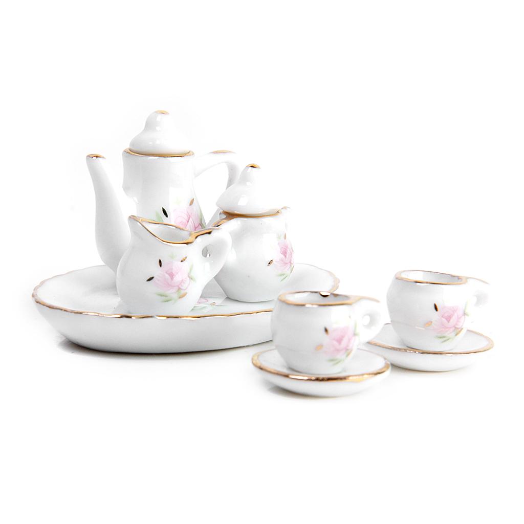 8pcs Dollhouse Miniature Dining Ware Porcelain Tea Set Dish Cup Plate Floral - image 3 of 8