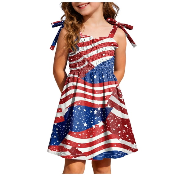 Faraee 4th of July Toddler Girl Outfit Smocked USA Sleeveless Dress Kids Summer Patriotic Clothes American Flag Sundress (2-3T,Brick Red)