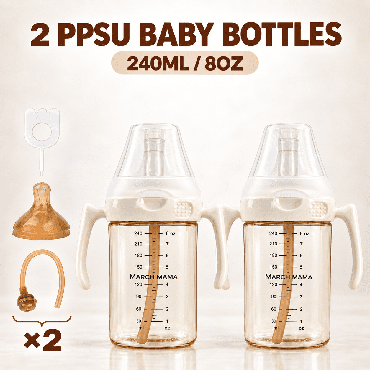 2-Pack PPSU Baby Bottles with Handles and Flip-Top Lids, Includes Direct-Drink Spout and Silicone Nipple, Convertible Feeding Bottles for Babies and Toddlers
