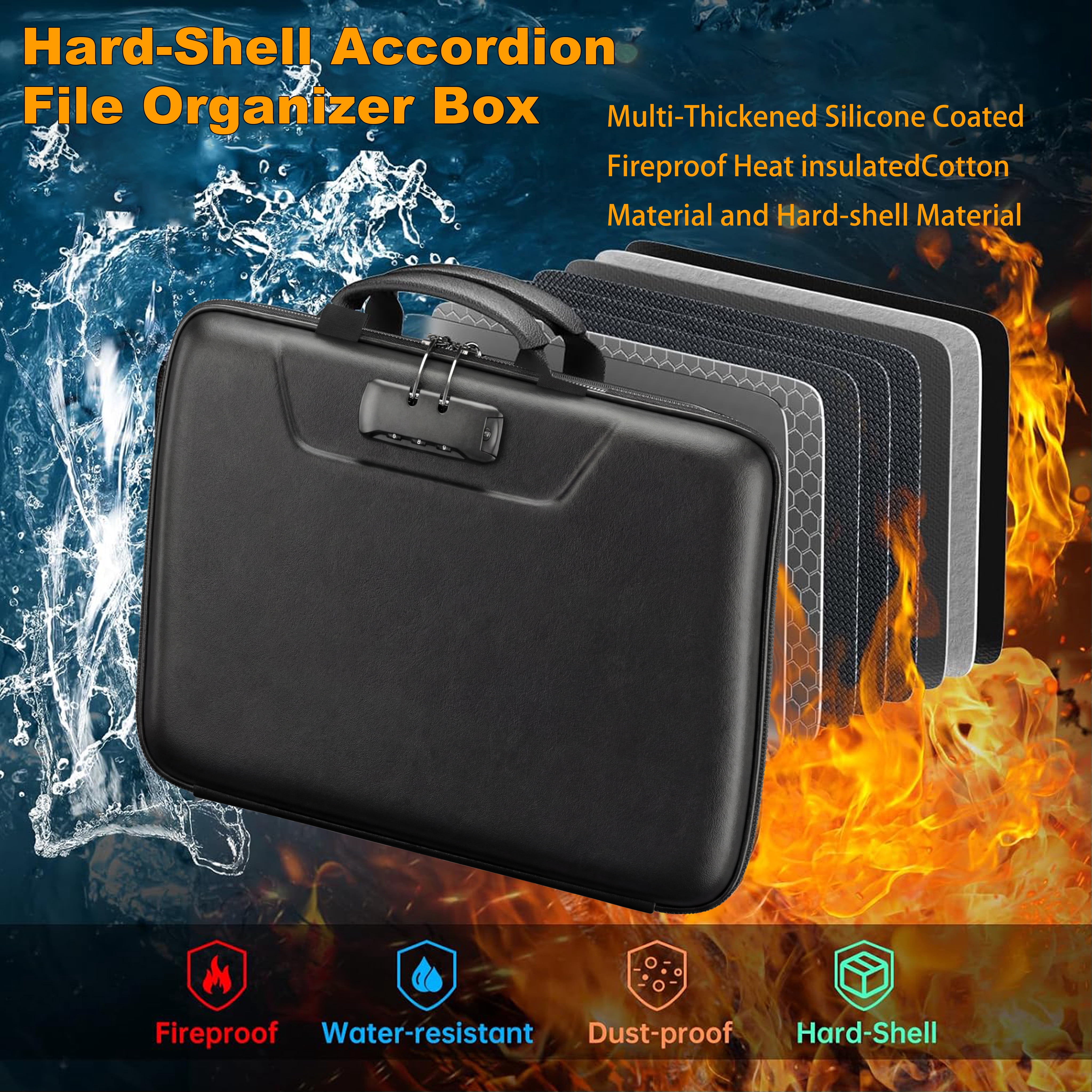 Fireproof Document Box with Lock, Hard Case Fire & Water Resistant File Organizer with 13 Pocket Accordion File Folder, Portable Home Office Safe Box for Important Documents Laptop Black