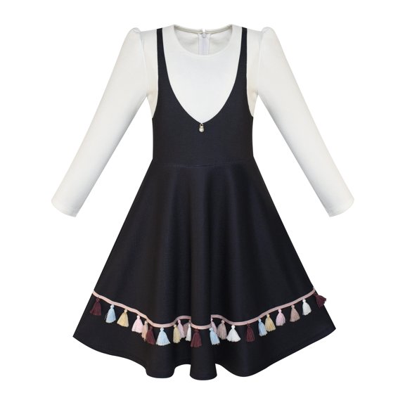 Girls Dress 2-in-1 School Uniform Long Sleeve Black Tassel 4