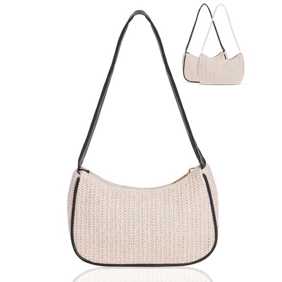 Gustave Small Straw Bag for Women Woven Underarm Bag Bohemian Summer Beach Bag Trendy Shoulder Handbag Purse with Zipper, Black