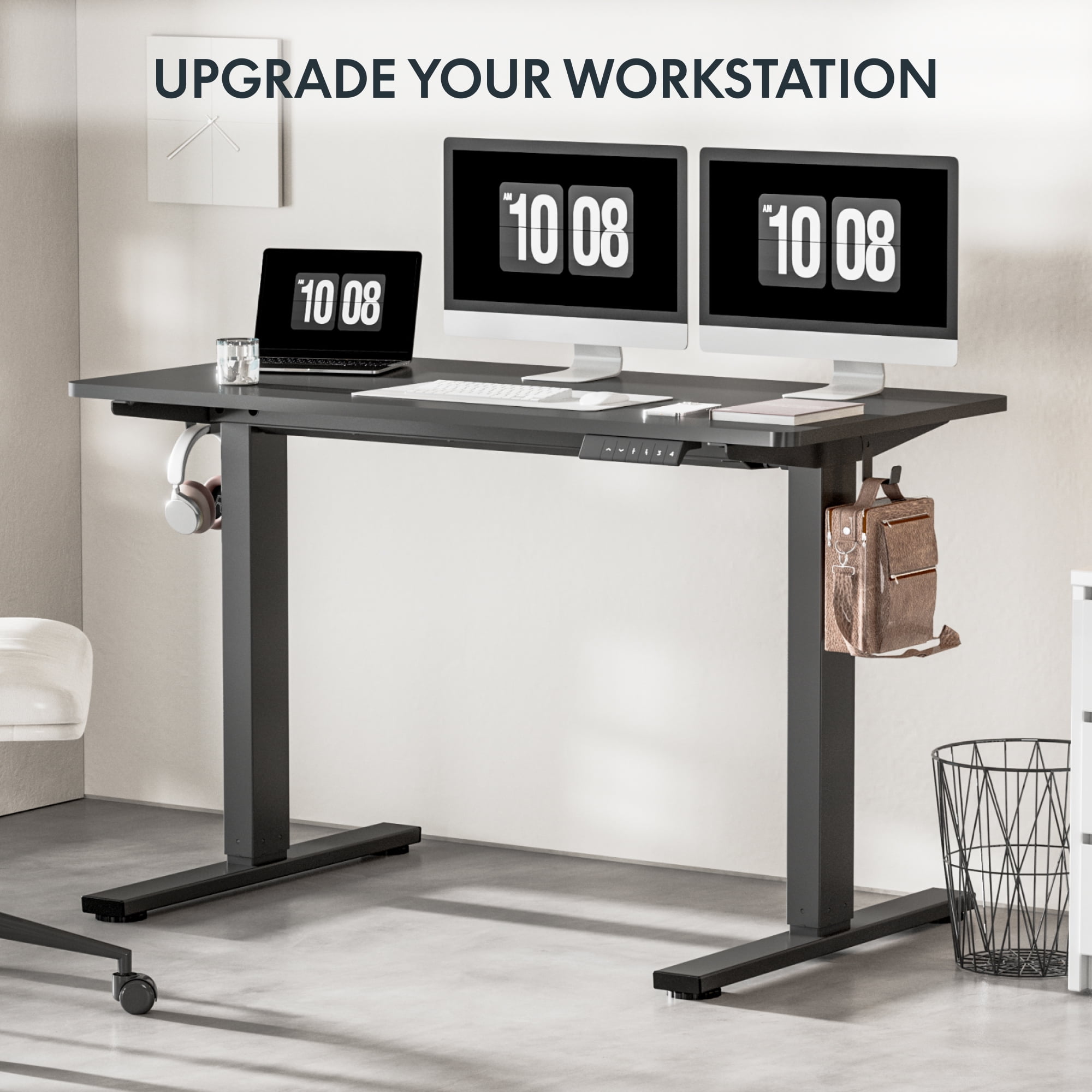 FitStand 60"x24" Home Office Height Adjustable Standing Desk with Hooks, Ergonomic Electric 2-Stage Stand Up Computer Desk, Black