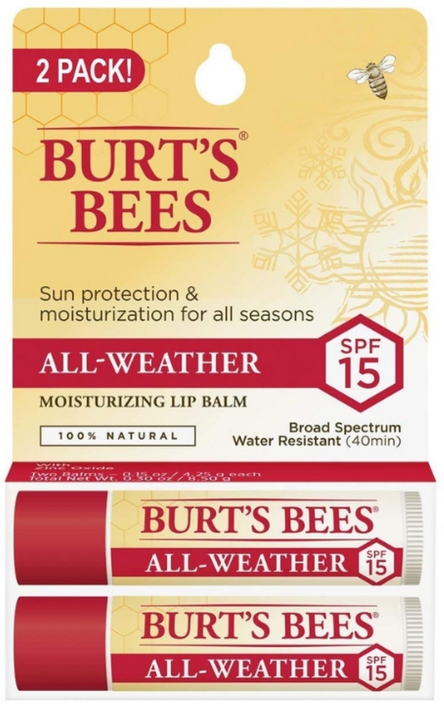 3 Pack Burt's Bees Lip Balm AllWeather SPF 15, 0.15 oz, Twin Pack