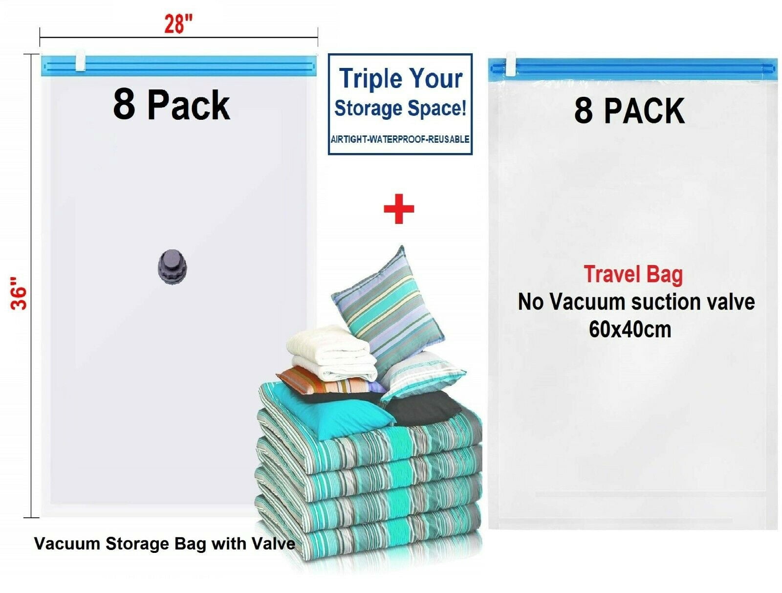 16 Pack Combo: 8 Large Space Saver Vacuum Bags + 8 Travel Roll-Up Bags for Wardrobes & Closets