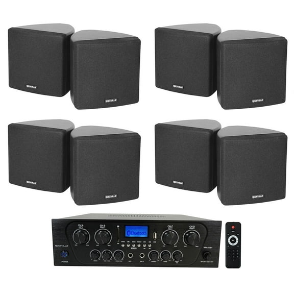 Rockville RPA40BT 4-Room Home Audio Kit Receiver (8) Black Wall Cube Speakers