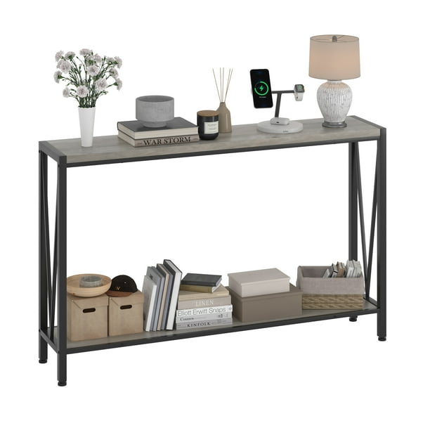 Mesa Consola Industrial de 114 cm con Base de Hierro - 2 Estantes de Madera para Entrada, Pasillo o Sala