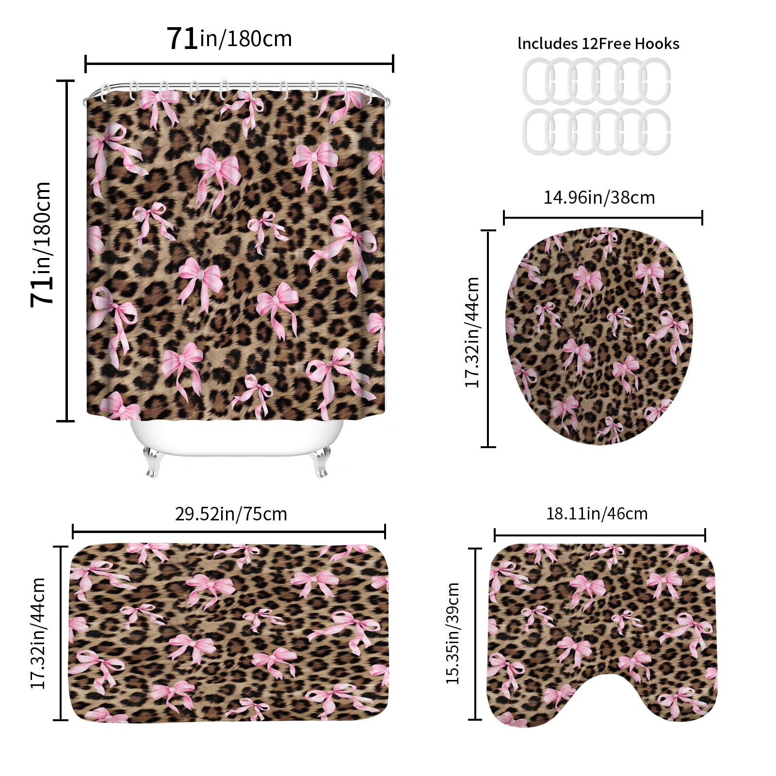 Hadint 4Pcs Brown Pink Leopard Print Bow Pattern Shower Curtain Set, Shower Curtain and Rug Set, 12 Pcs Hooks, 71inx71in