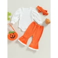 thumbnail image 4 of Wassery Baby Girls Halloween Outfits Set Long Sleeve Letters Print Sweatshirt Rompers Flare Pants Headband 3M 6M 12M 18M Infant 3Pcs Fall Winter Clothes, 4 of 8