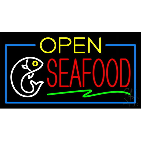 Open Seafood with Blue Border LED Neon Sign 13 x 24 - inches, Clear Edge Cut Acrylic Backing, with Dimmer - Bright and Premium built indoor LED Neon Sign for restaurant window and interior decor.