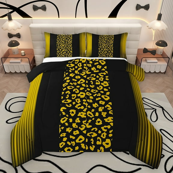 Homewish Fashion Cheetah Print Full Size Comforter Sets, Leopard Wildlife Animal Bedding Comforter Set, Yellow Abstract Stripe Line Reversible Bedding Sets, Luxury Bedroom Decor, 3 Pieces