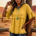 thumbnail image 6 of Nestiefly Womens Linen Tops Summer Casual Short Sleeve V Neck Shirts Fringe Retro Cotton Linen Blouses Raw Hem Beach Clothes Yellow 3XL, 6 of 6
